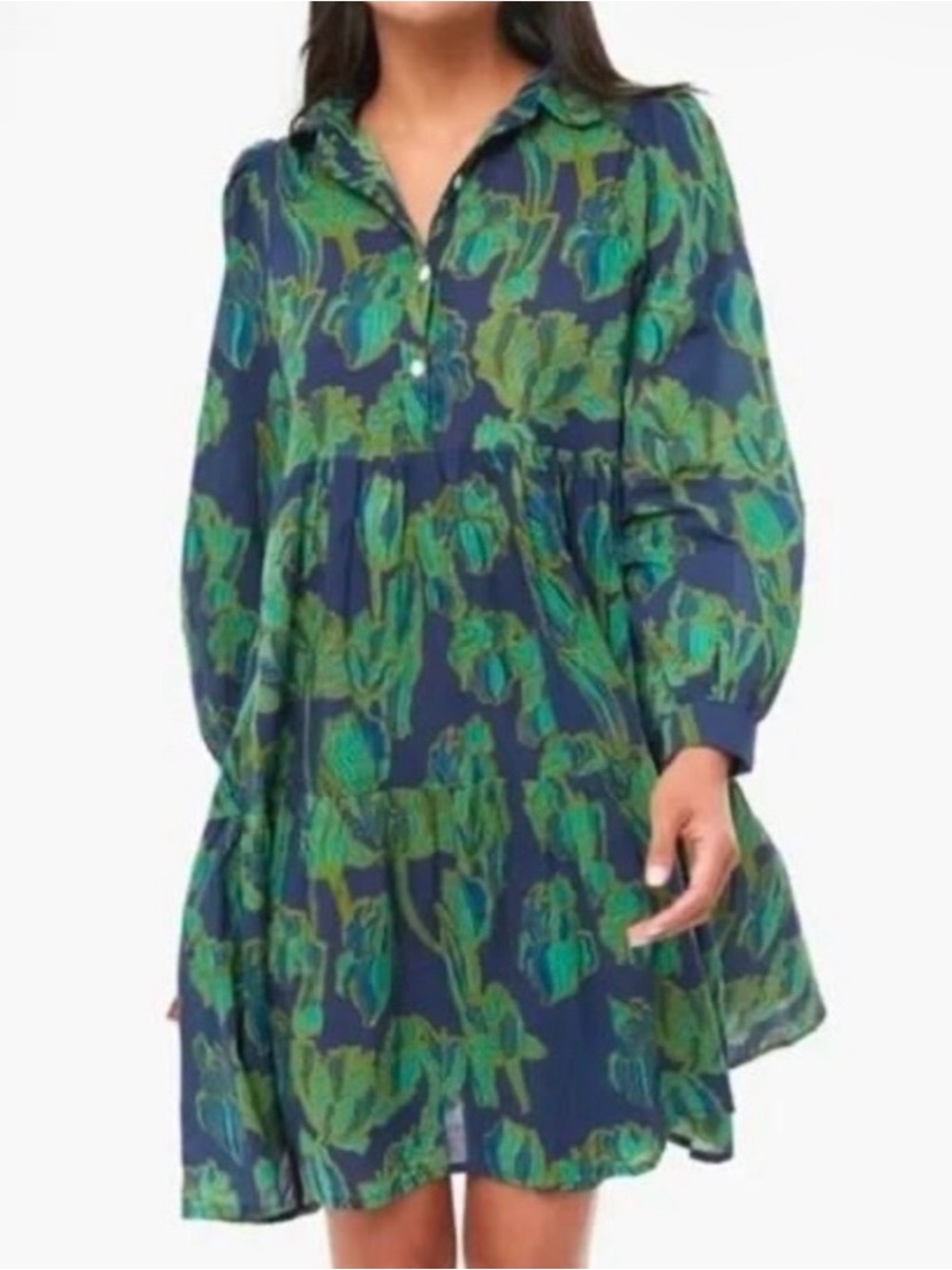 Anthropologie Ro’s Garden Navy Blue Green Floral Tiered Mini Shirt Dress Size S